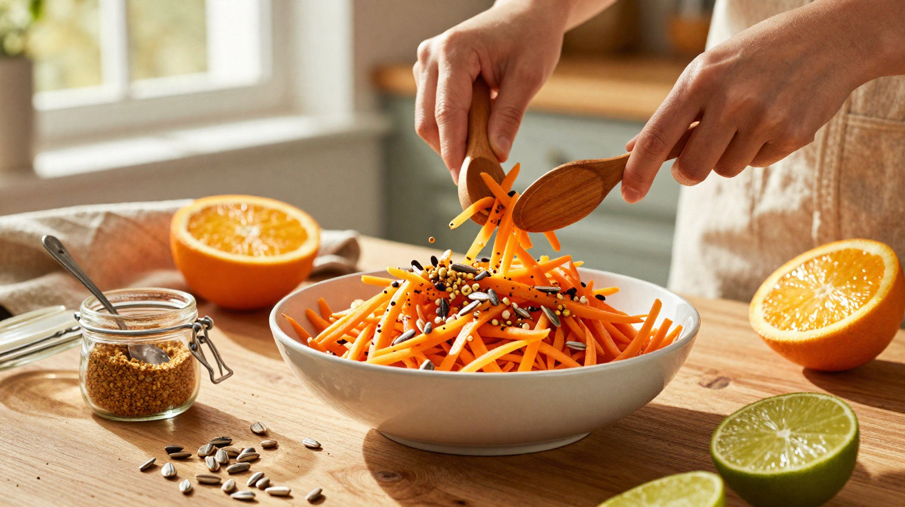 Mãos temperando salada de cenoura ralada com sementes, frutas cítricas e temperos sobre mesa de madeira.