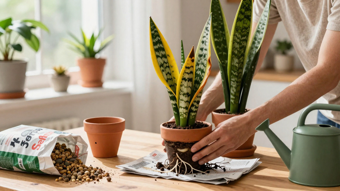 Pessoa transplantando planta suculenta em vaso de cerâmica sobre mesa de madeira na luz natural.