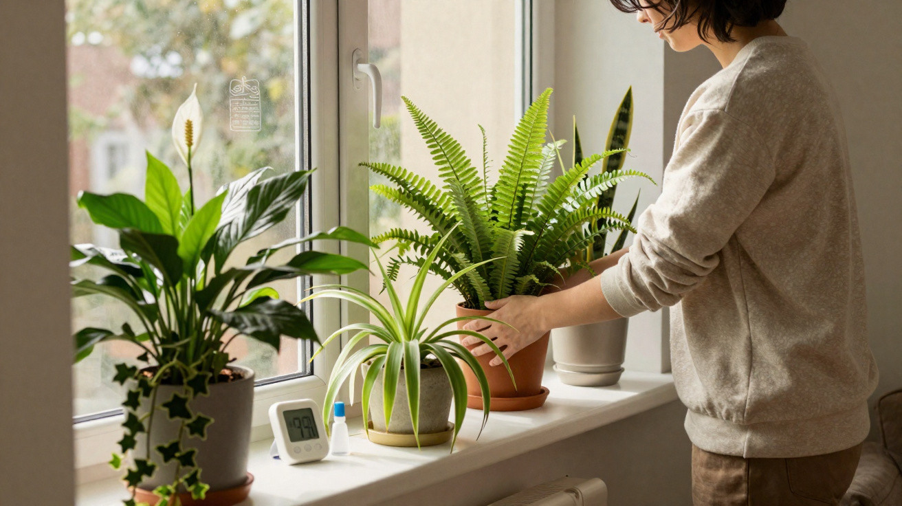 Pessoa arrumando plantas variadas em vasos sobre o peitoril de uma janela iluminada.