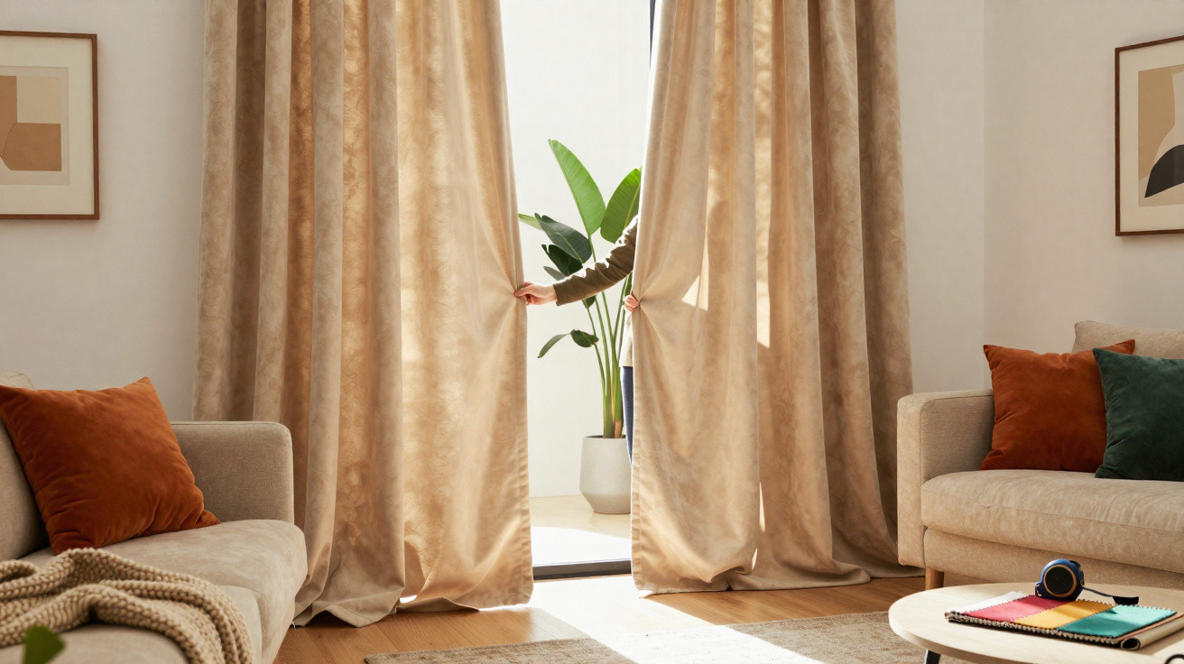 Sala de estar com cortinas bege abertas, sofá com almofadas coloridas e mesa com cadernos e fones.