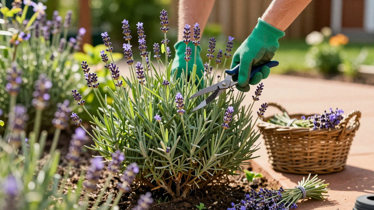 Pessoa podando lavanda roxa com tesoura e luvas verdes em jardim ensolarado.