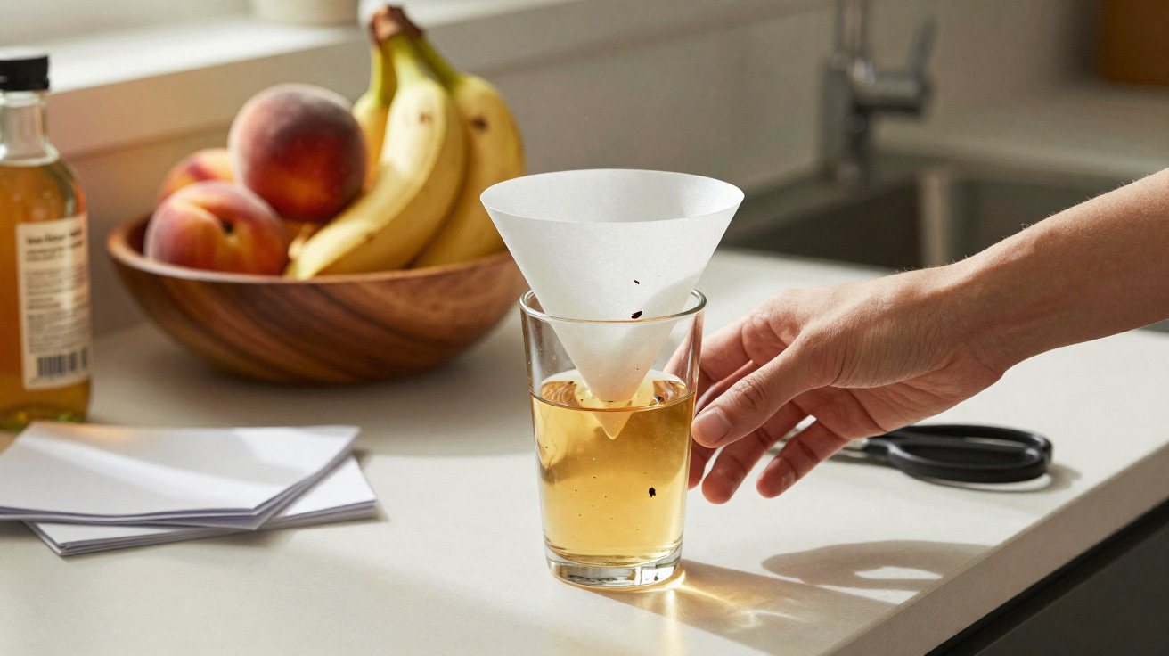 Mão segurando filtro de papel em copo com líquido amarelo sobre bancada de cozinha com frutas e garrafa.
