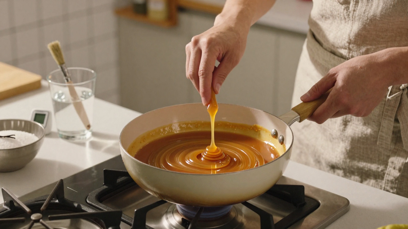Pessoa mexendo doce de leite em panela no fogão a gás em cozinha iluminada natural.