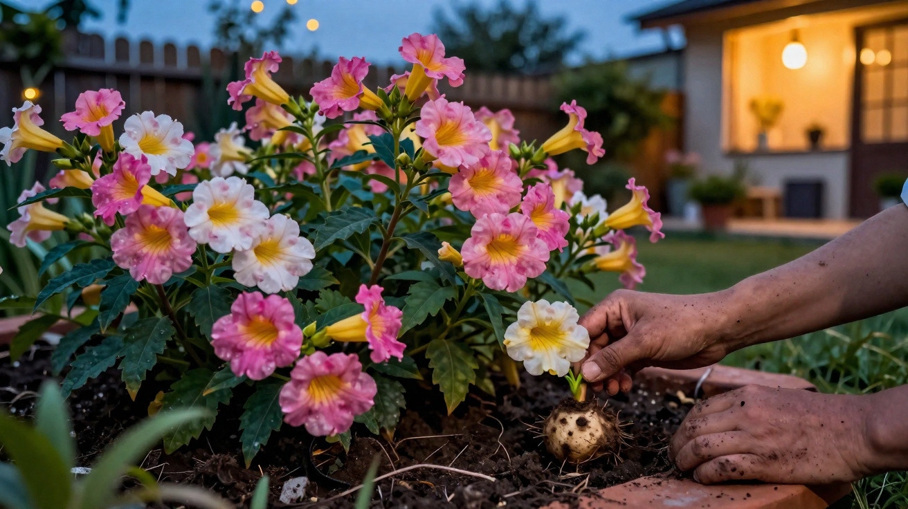 Pessoa colhendo flor de Manacá rosa em jardim ao entardecer com casa ao fundo iluminada.