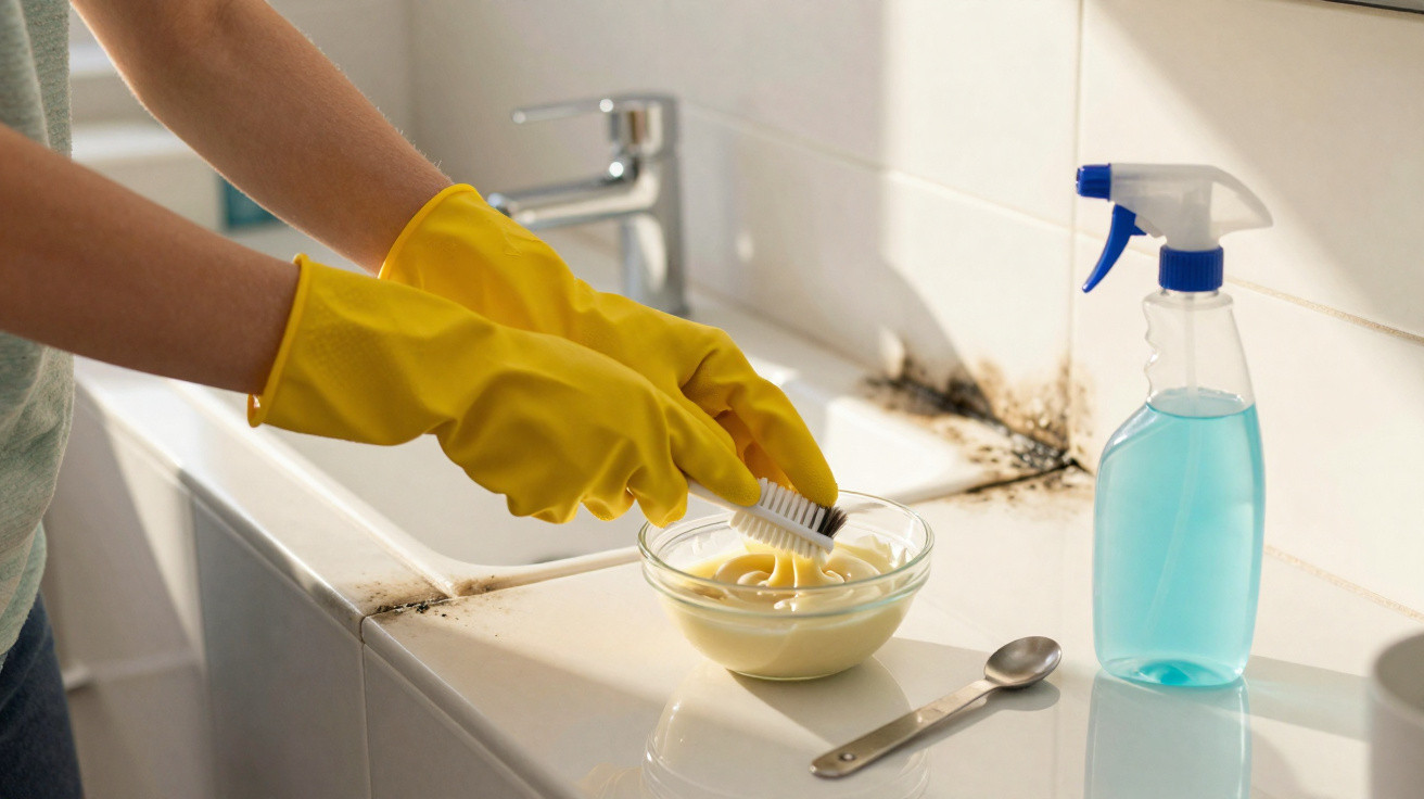 Pessoa com luvas amarelas segurando escova e creme de limpeza para remover mofo em azulejos de banheiro.