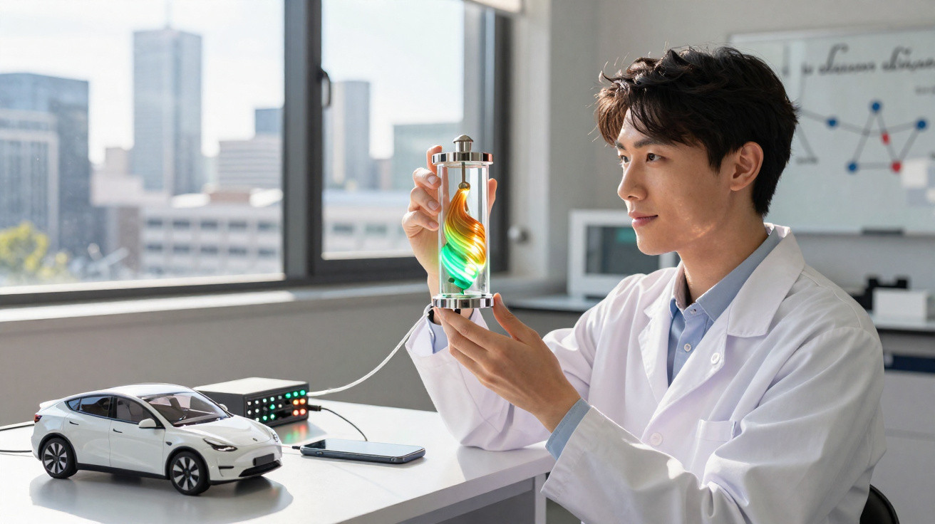 Cientista em laboratório segurando dispositivo luminoso colorido com carro elétrico em mesa próxima.