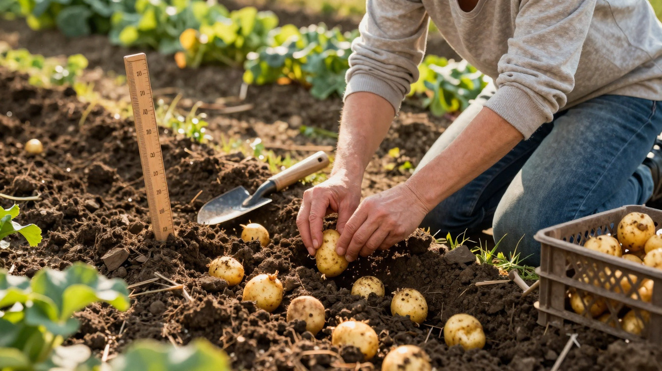 Pessoa colhendo batatas em uma plantação, com enxada e régua ao lado no solo.