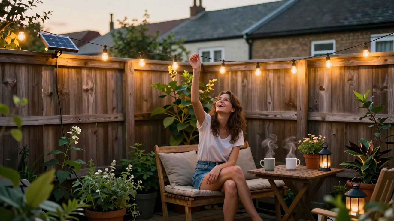 Mulher sorrindo sentada em varanda de madeira decorada com plantas e luzes ao entardecer.