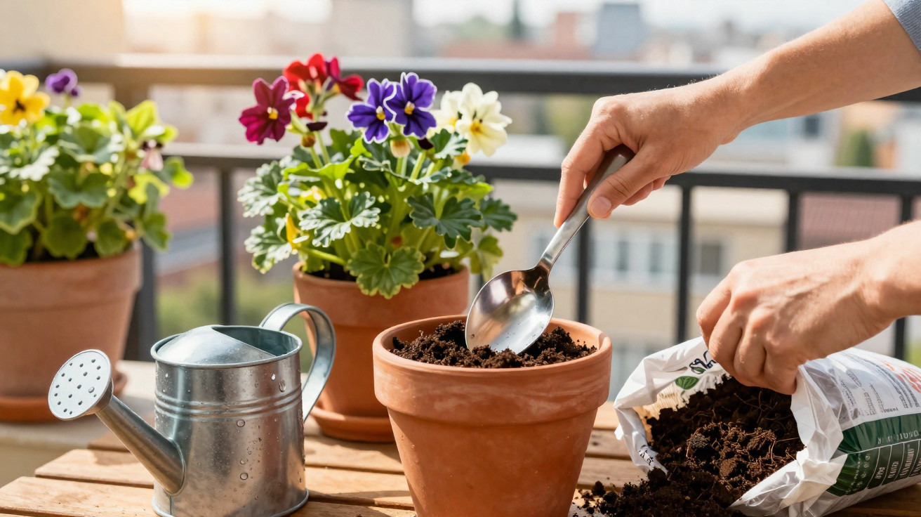 Mãos adicionando terra a vaso de barro em varanda com flores coloridas e regador metálico sobre mesa de madeira.