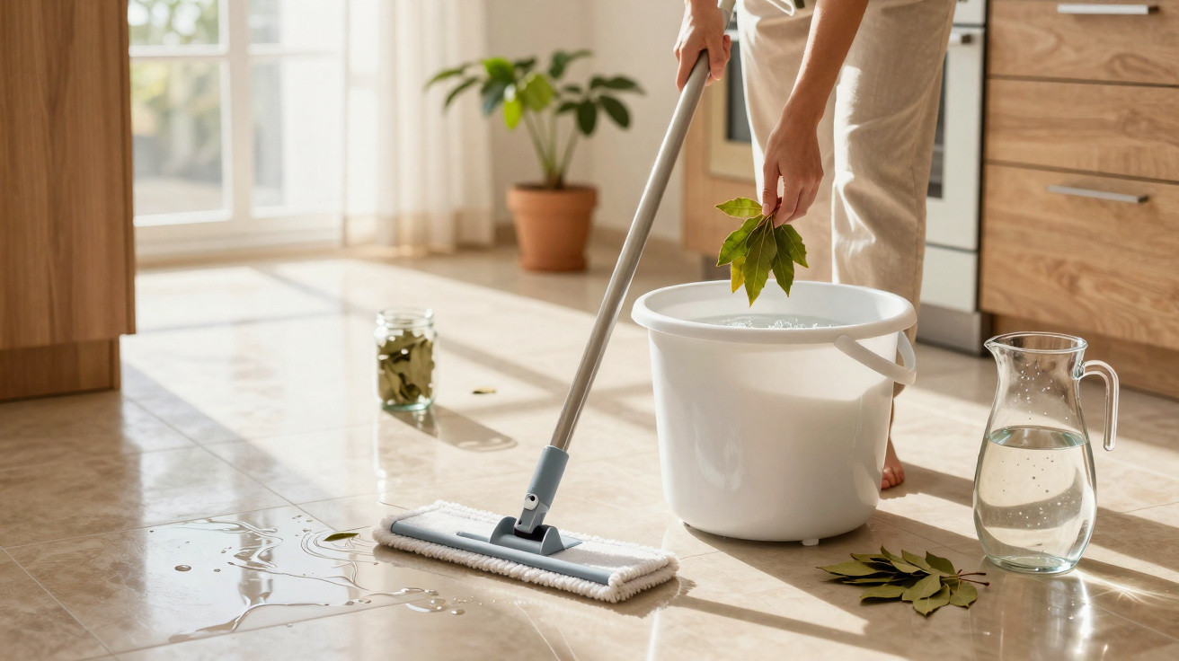 Pessoa limpando chão de cerâmica com esfregão, balde com água e folhas verdes, ambiente iluminado.