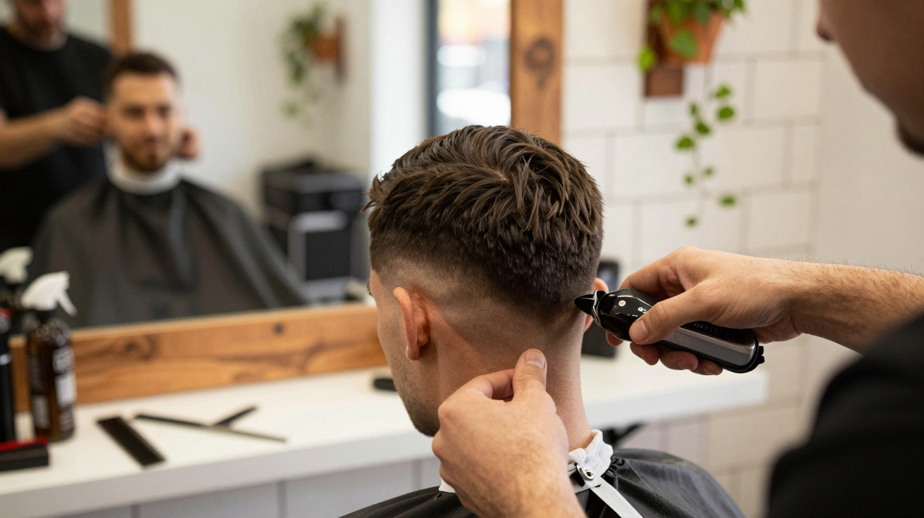 Homem tendo o cabelo cortado com máquina em barbearia, com espelho e produtos ao fundo.