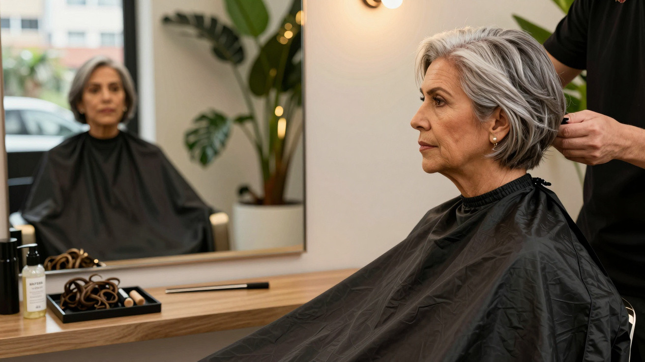 Mulher idosa com cabelo curto grisalho sentada em salão de beleza recebendo corte de cabelo.