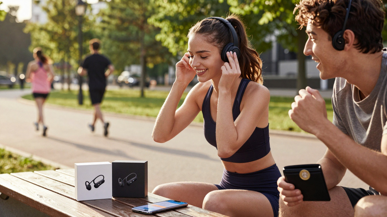 Jovem sorridente usando fones de ouvido sentada em banco de parque com amigo e caixas de fones e celular.