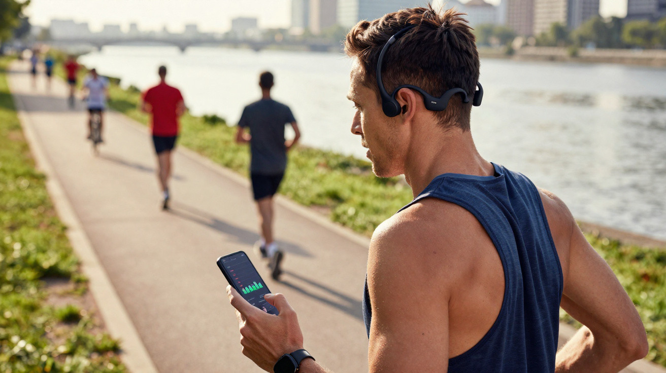 Homem com fones de ouvido verifica aplicativo de corrida enquanto corre em parque à beira do rio.