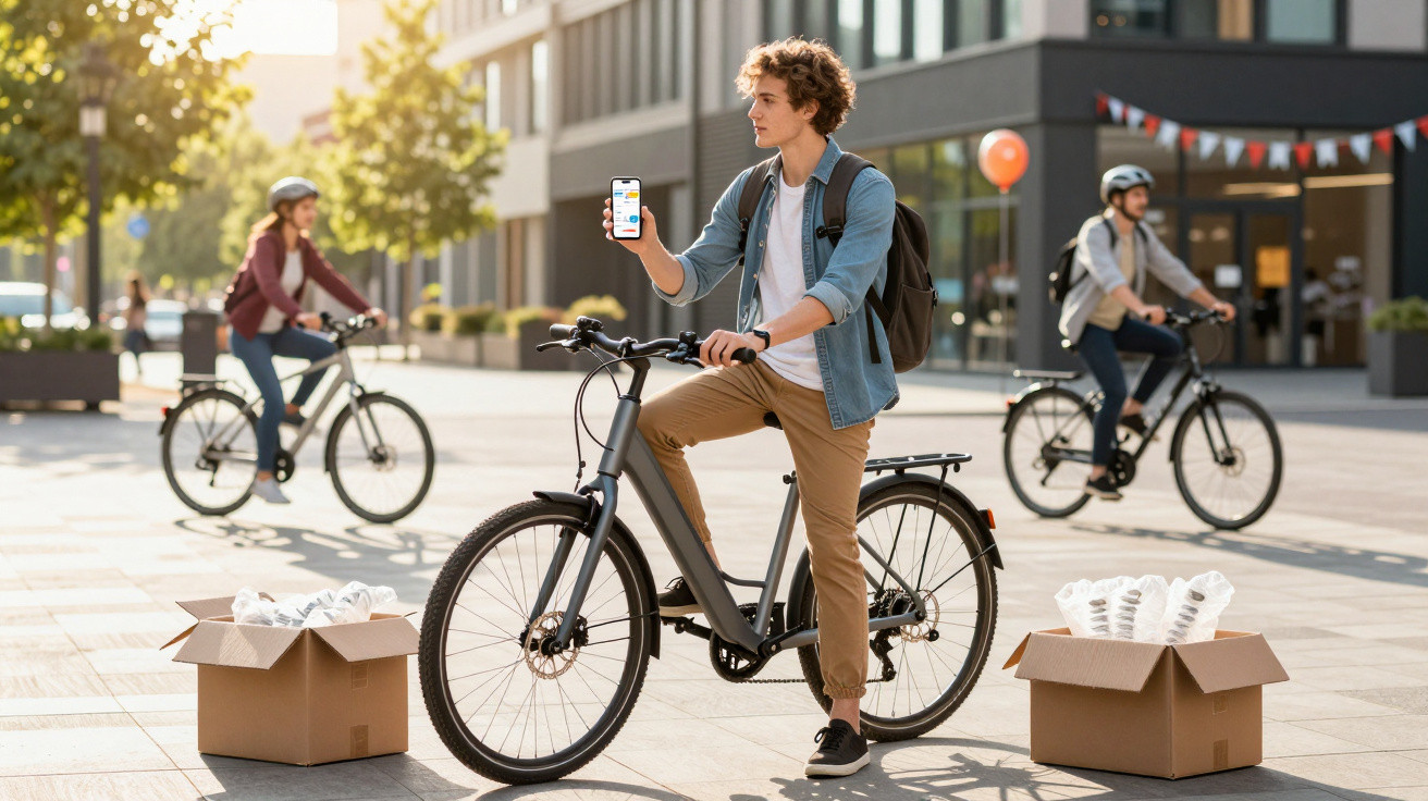 Jovem em bicicleta segura celular mostrando aplicativo, com duas caixas e ciclistas ao fundo em área urbana.
