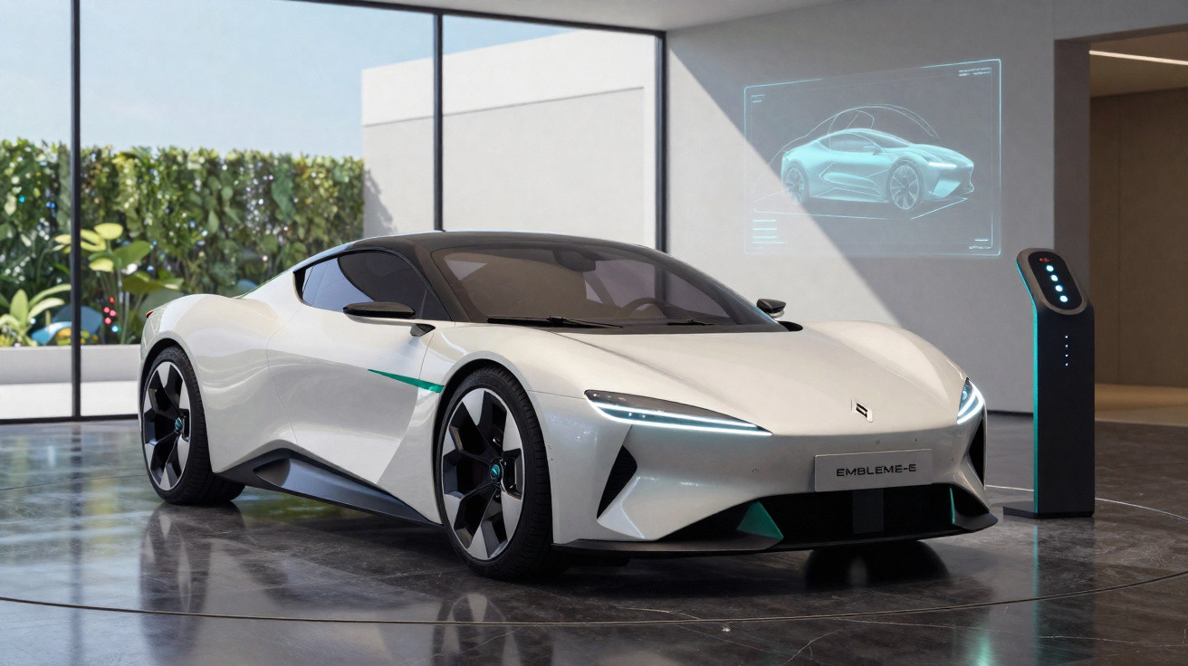 Carro esportivo elétrico branco futurista em showroom com carregador e projeção holográfica do veículo.