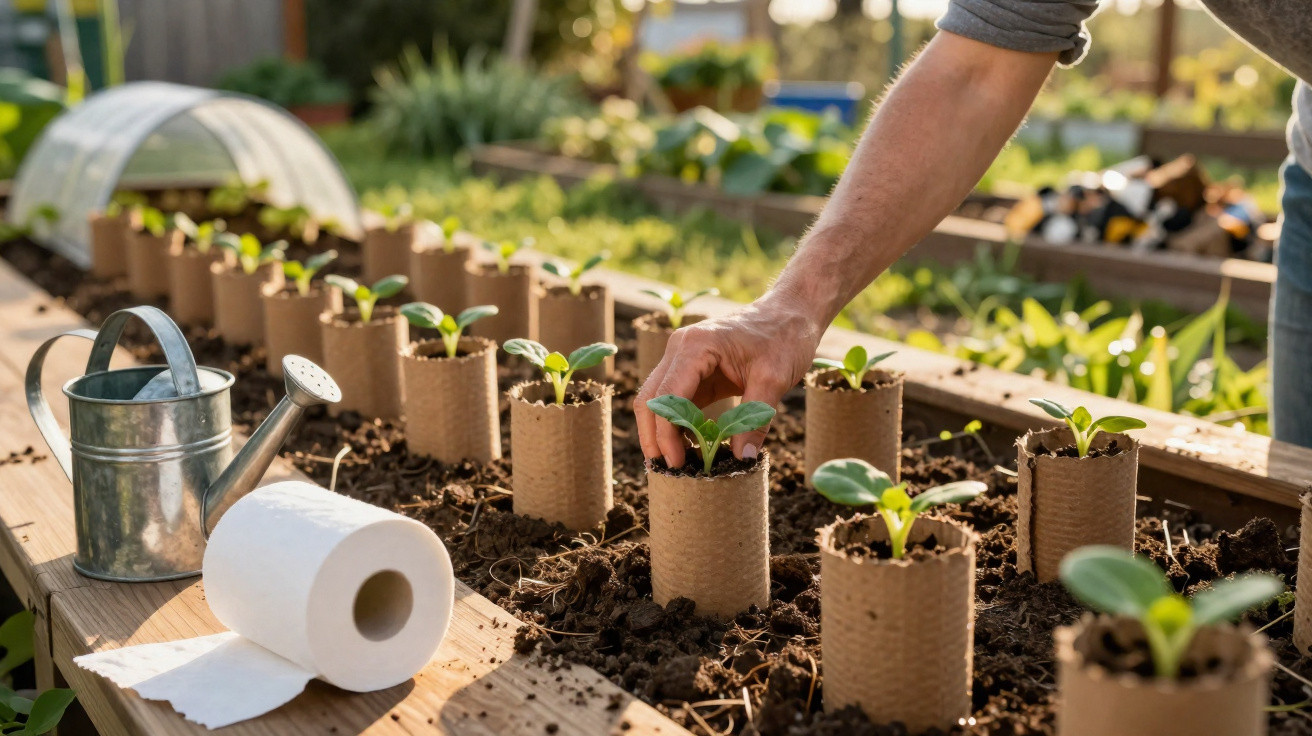 Pessoa cuidando de mudas de plantas em vasos feitos com papelão, ao ar livre em uma estufa.