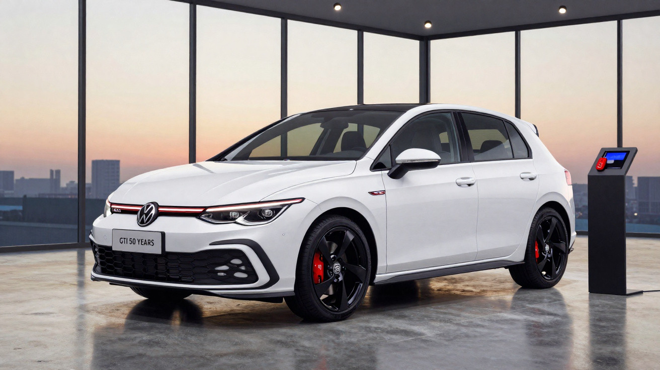 Carro branco Volkswagen Golf GTI 50 Years em showroom moderno com janelas grandes e vista urbana ao entardecer.
