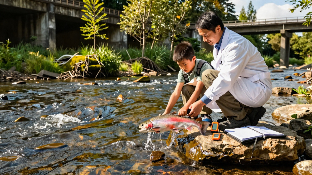 Homem de jaleco e menino soltam peixe colorido em rio próximo a ponte e caderno sobre pedra.