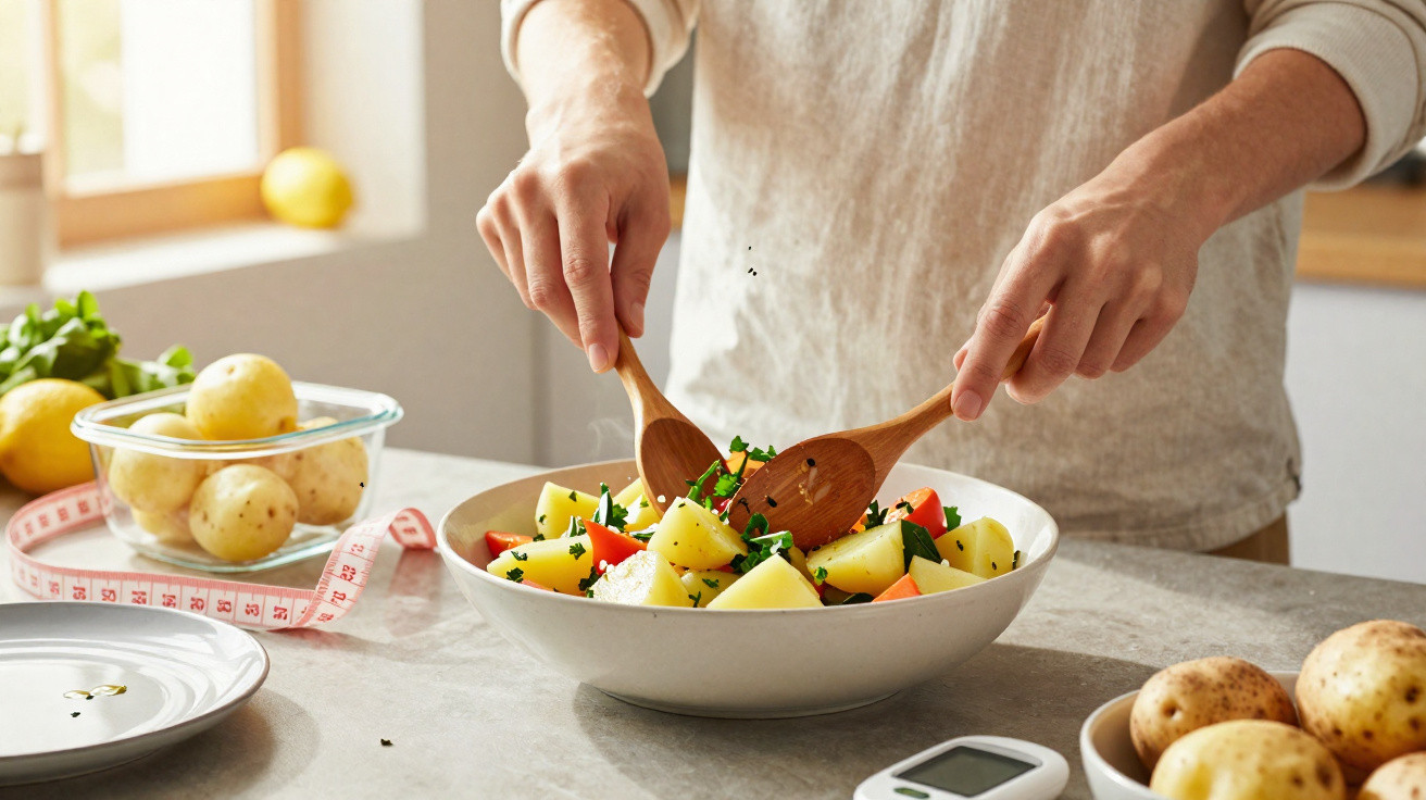 Pessoa mexendo salada de legumes com colheres de madeira em cozinha iluminada.