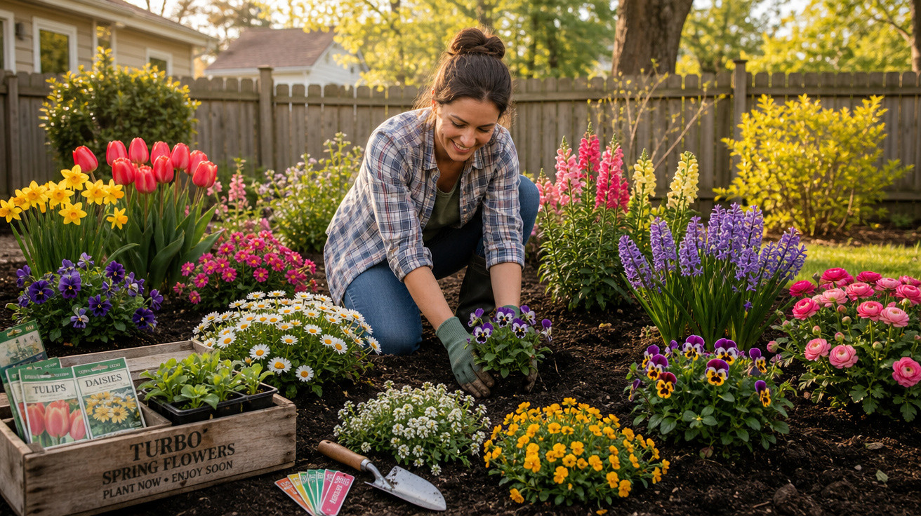 Mulher sorridente plantando flores coloridas em jardim ao ar livre em dia ensolarado.