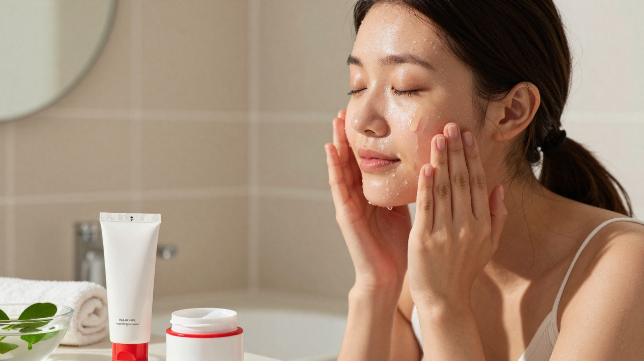 Mulher aplicando creme facial em um banheiro com produtos de skincare sobre a pia.