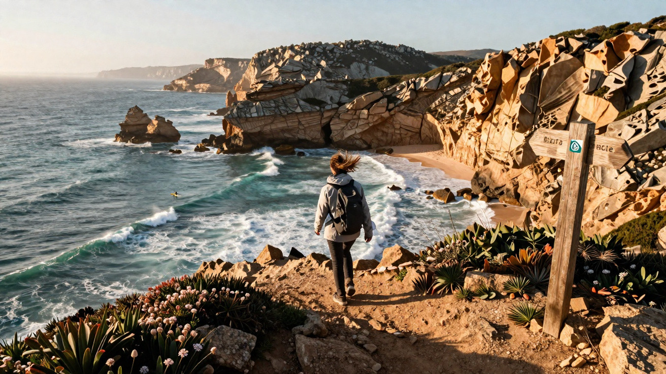 Pessoa caminhando em trilha à beira de falésias rochosas ao lado do mar com ondas e vegetação costeira.