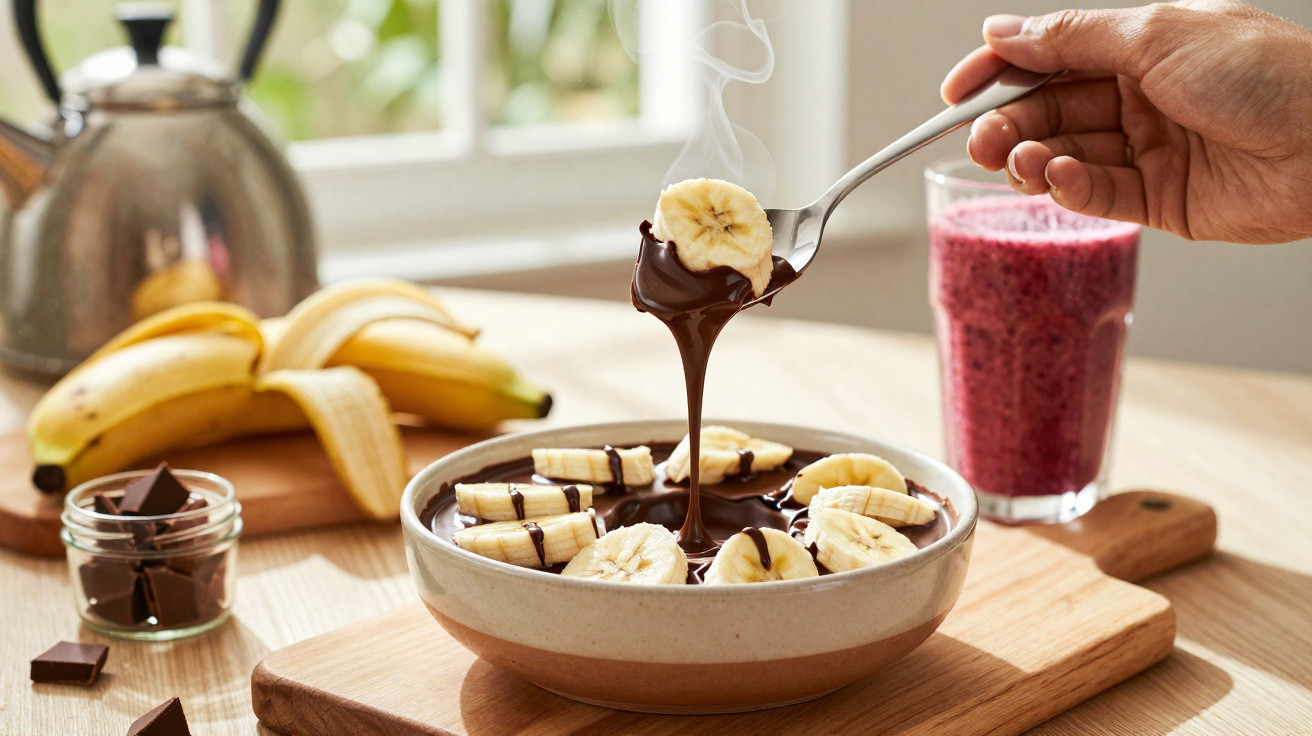 Mão segurando colher com banana coberta de chocolate sobre bowl com banana fatiada e chocolate derretido.