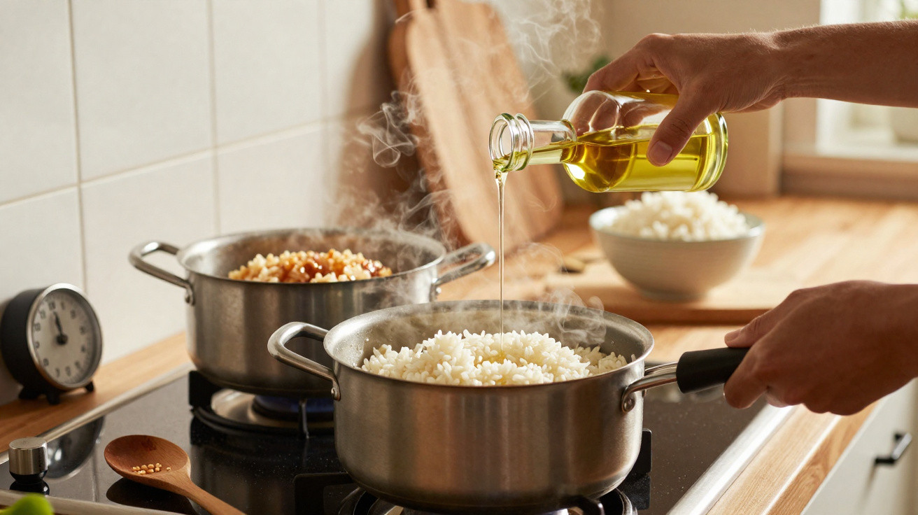 Mãos despejando óleo em arroz branco cozinhando em panela no fogão a gás, com outra panela e tigela ao fundo.