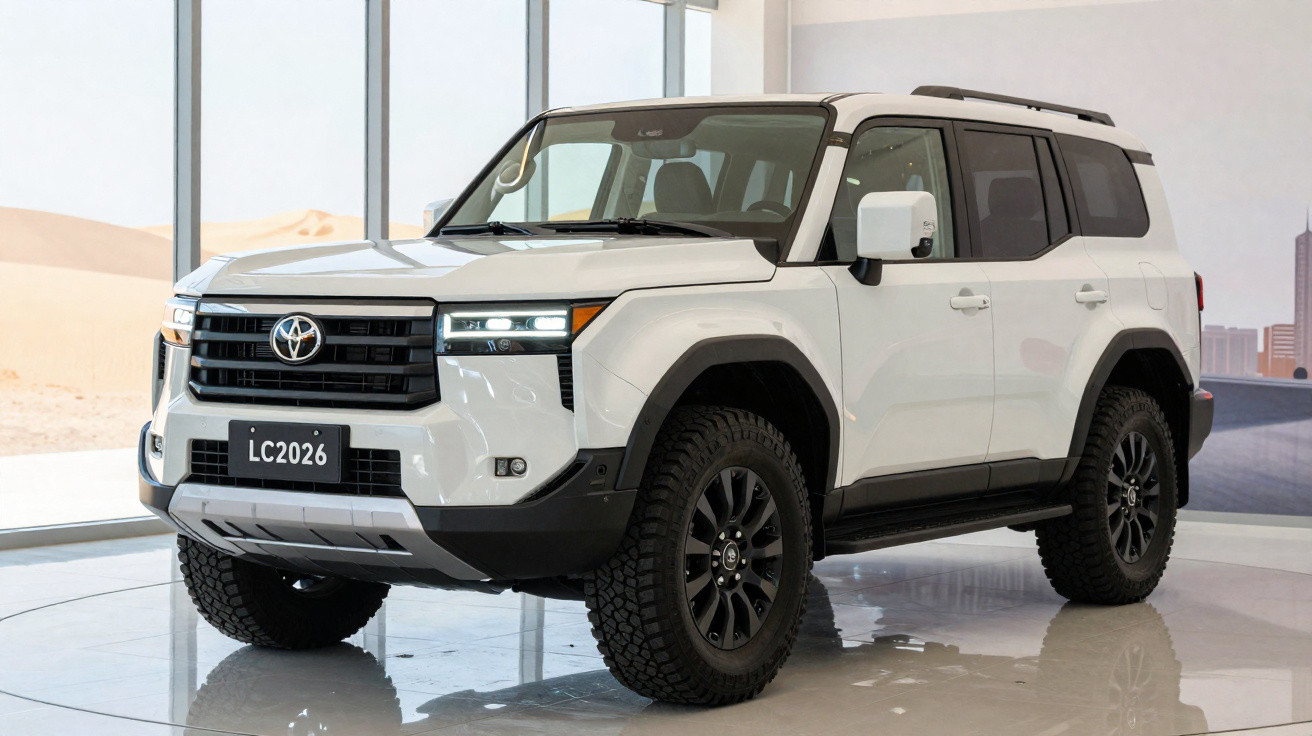 SUV branco Toyota Land Cruiser 2026 exibido em sala com vidros grandes e piso brilhante.