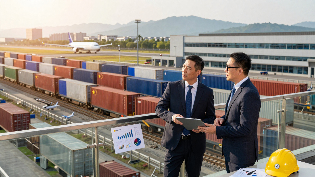 Dois empresários conversando com gráfico, containers e avião ao fundo em área industrial de transporte.