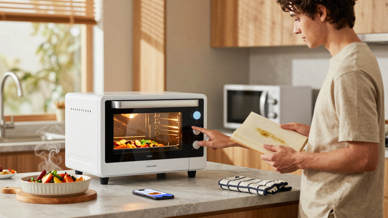 Jovem ajusta forno elétrico para assar legumes, segurando livro de receitas na cozinha moderna, com celular na bancada.