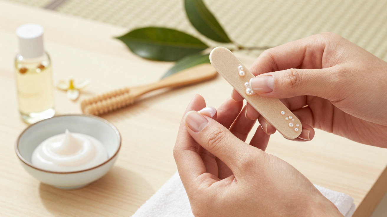 Mãos femininas cuidando das unhas com lixa decorada, creme e acessórios de manicure ao fundo.