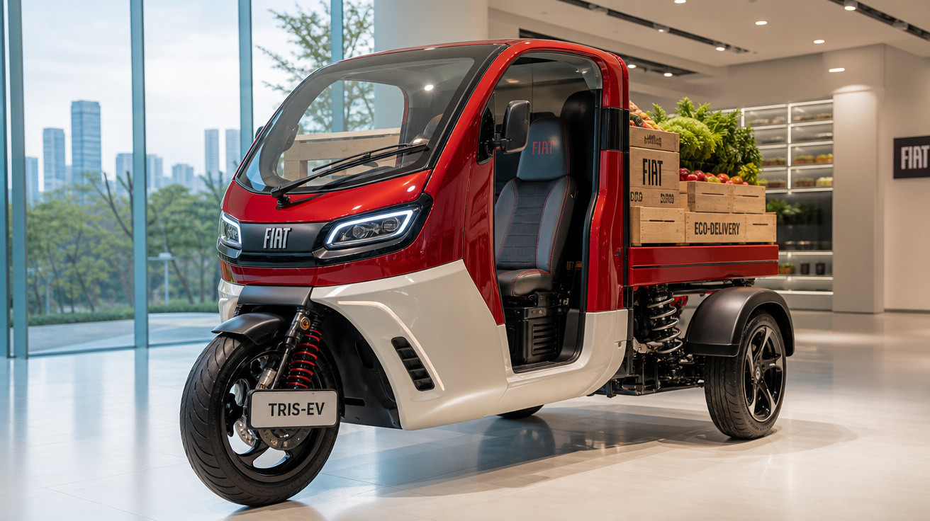 Veículo elétrico compacto vermelho e branco da Fiat com carga de caixas e plantas em showroom moderno.