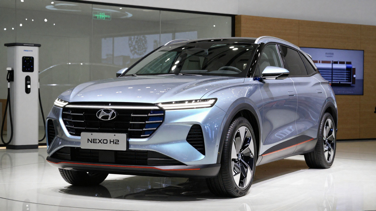 Veículo Hyundai Nexo H2 prata exposto em ambiente interno com carregador elétrico ao fundo.