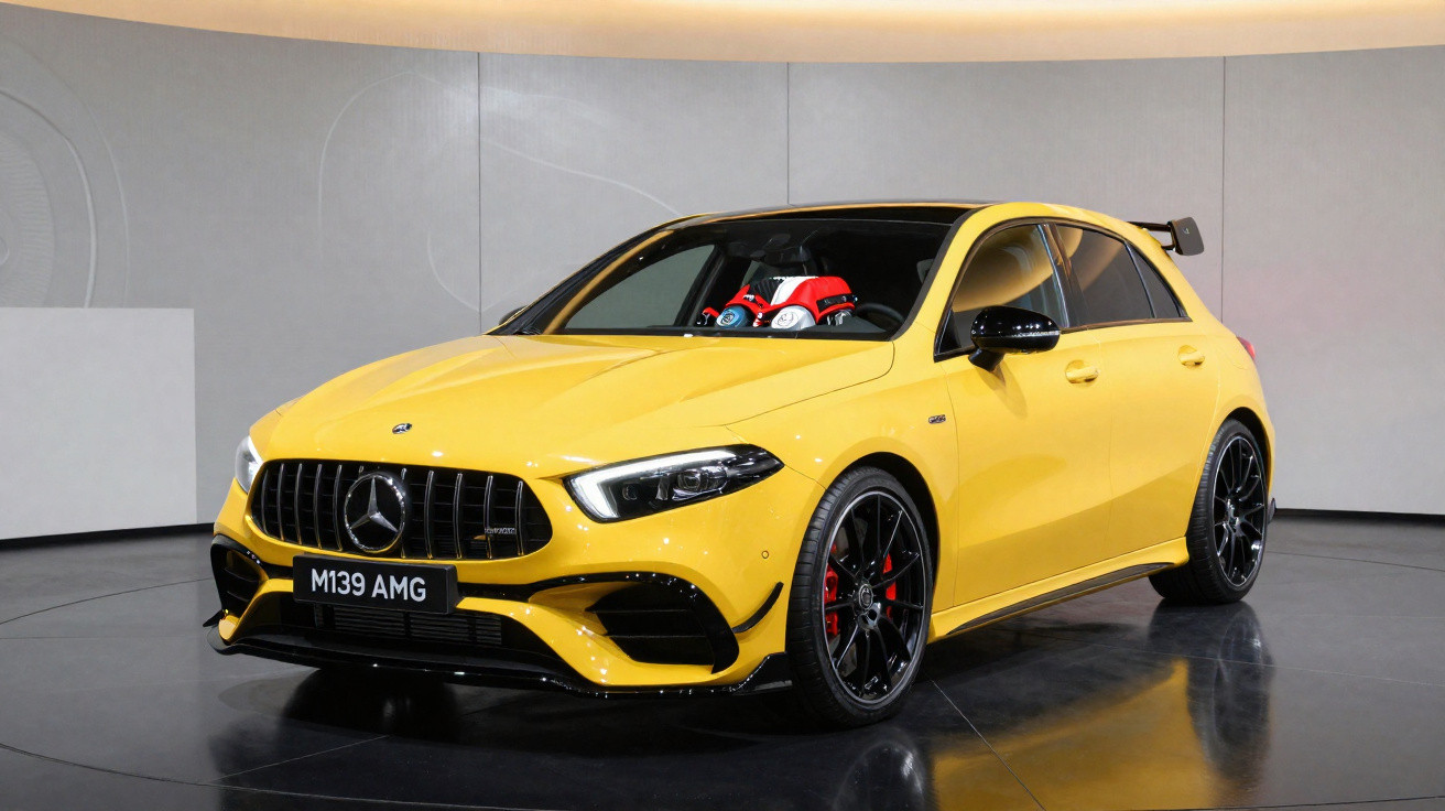 Mercedes-AMG hatch esportivo amarelo com rodas pretas e detalhes vermelhos em ambiente interno.