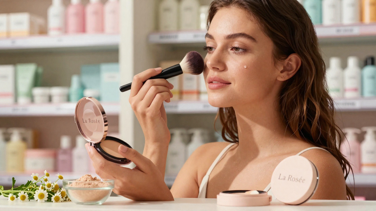 Mulher aplicando pó facial com pincel em loja de cosméticos com produtos ao fundo.