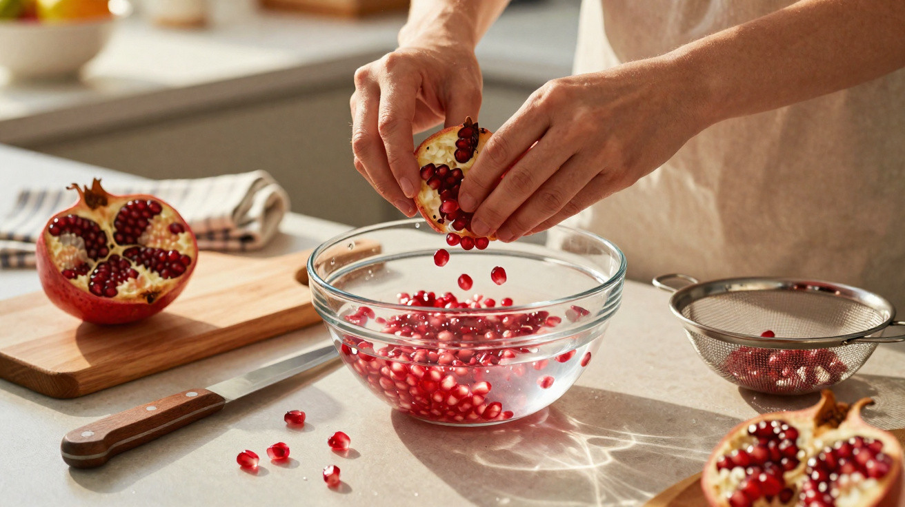 Mãos retirando sementes de romã e colocando em bowl de vidro na bancada da cozinha.