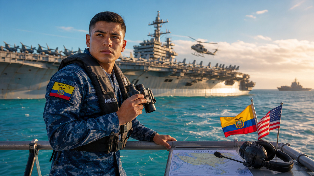 Militar da Marinha do Equador com binóculos em navio, com porta-aviões e helicóptero ao fundo no mar.