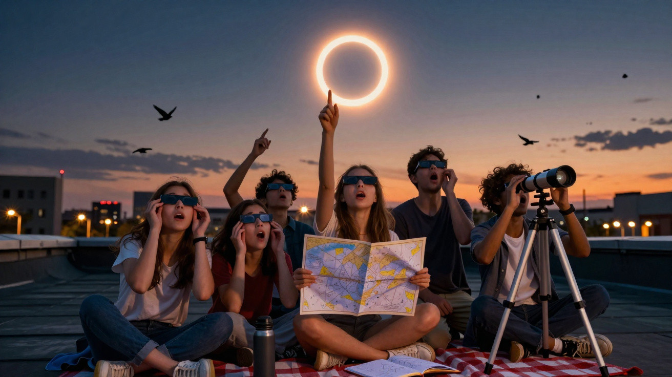 Grupo de jovens com óculos de proteção observando eclipse solar com mapa e telescópio ao entardecer.