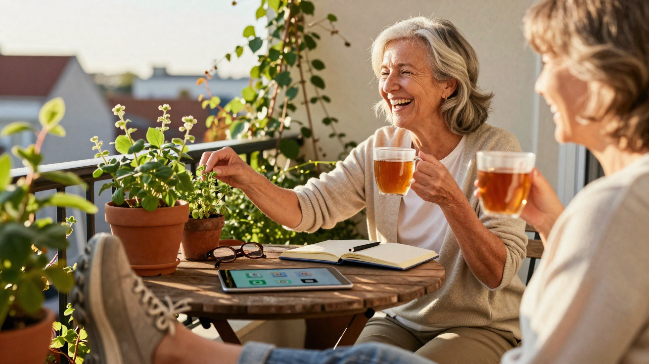 Duas mulheres maduras rindo e tomando chá em varanda com plantas e tablet sobre mesa de madeira.