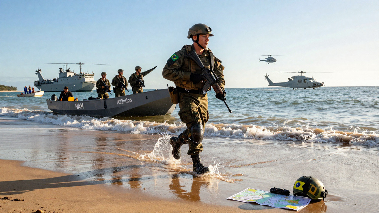 Militar brasileiro armado corre na areia com barco, navio e helicópteros ao fundo durante operação marítima.