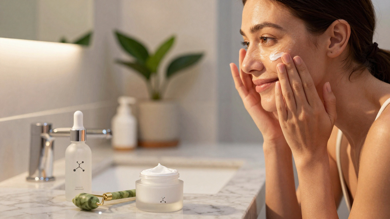 Mulher aplicando creme facial em banheiro com produtos de skincare em bancada de mármore.