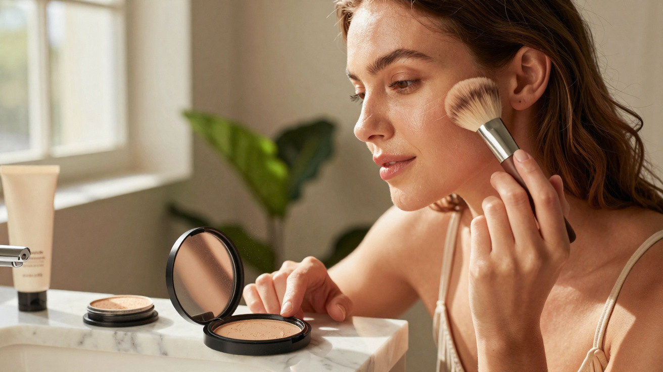Mulher aplicando pó facial com pincel sentada perto da janela em ambiente iluminado.