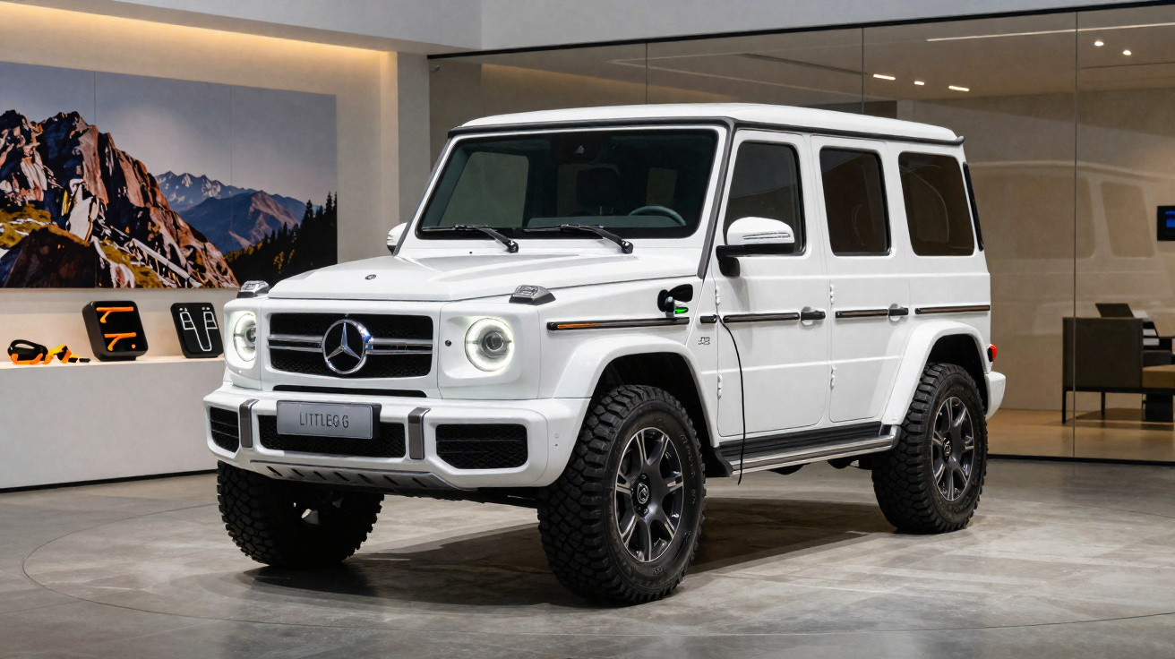 SUV branco Mercedes-Benz G-Class estacionado em ambiente interno moderno e iluminado.