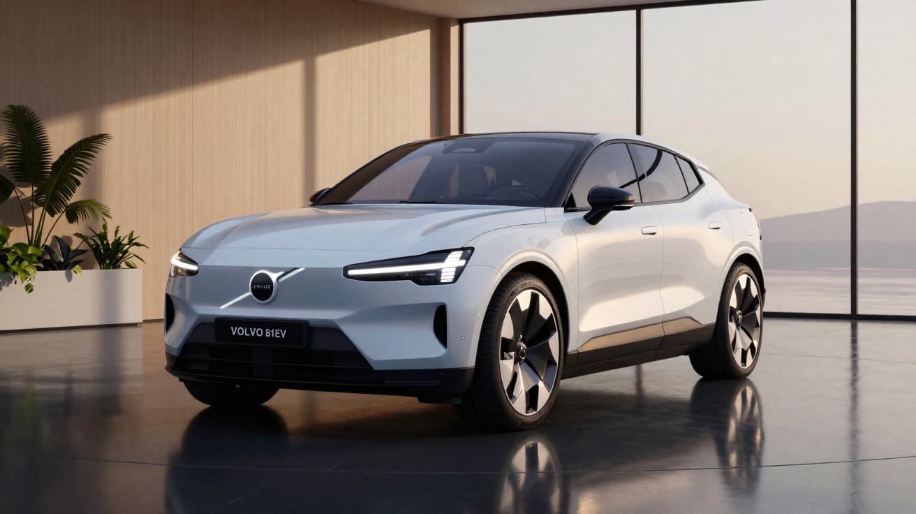 Carro elétrico Volvo 61EV branco em sala moderna com paredes de madeira e janela ampla com vista para o mar.