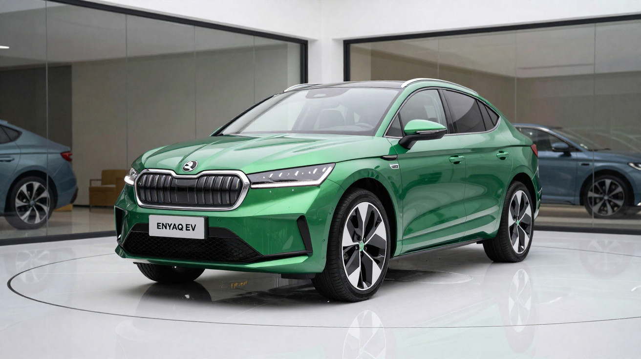 Carro elétrico verde Škoda Enyaq EV em showroom moderno com piso branco e paredes de vidro.