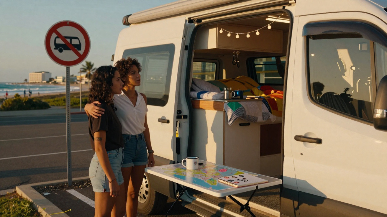 Duas mulheres abraçadas ao lado de uma van branca com mesa e cama, ao pôr do sol em área urbana perto da praia.