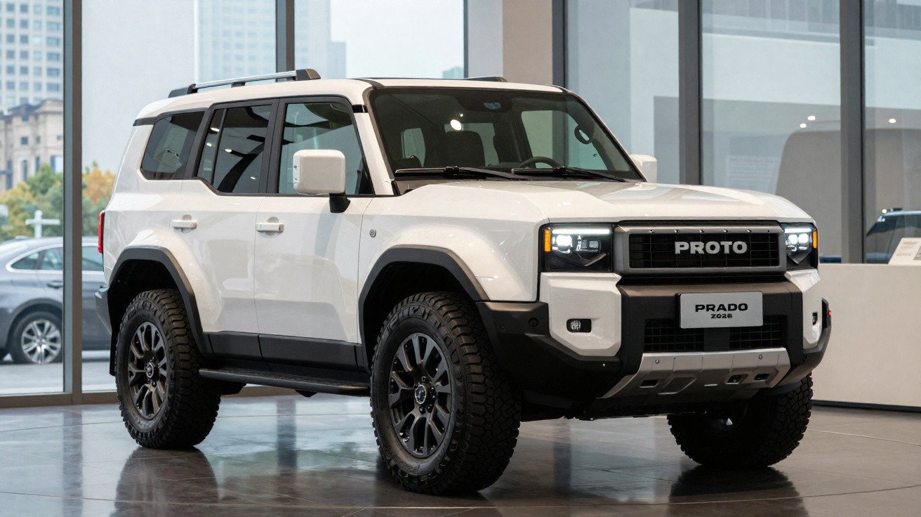 SUV branco modelo Proto Prado 2023 em exibição dentro de showroom com vidraças ao fundo.