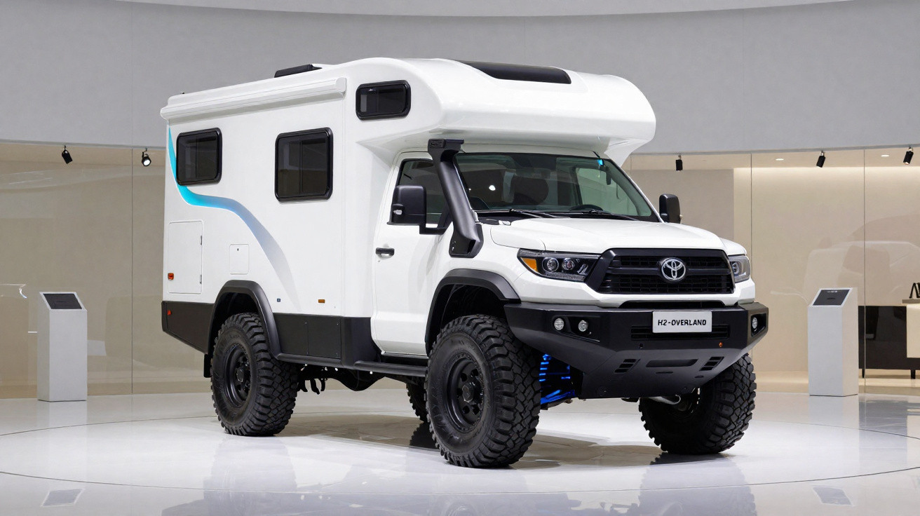 Veículo Toyota H2 Overland branco com pneus grandes e carroceria para camping em exposição interna.